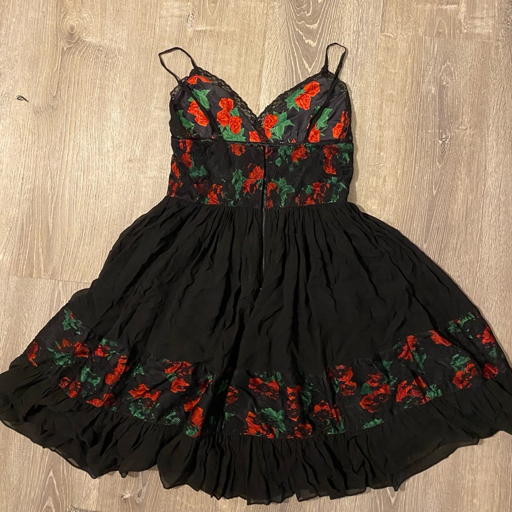 Betsy Johnson Evening Silk Black Mini Dress with Red Rose and Lace Accents - Picture 3 of 3